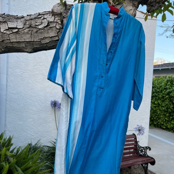 Vtg 70s Catherine Ogust Blue White Stripe Cotton Caftan Dress | Mandarin Collar - Picture 12 of 15